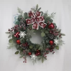 China Senmasine 24inch luxury christmas wreath with pinecones red berries bells ball checkered bow pine needle manufacturer