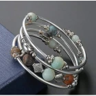 Çin Beaded Pearl Bangle Wrap Bracelet ,Fashion Bohemian Jewelry Multilayer Charm Bracelet with Thick Silver Metal Beads üretici firma