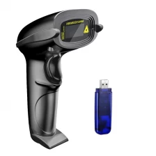 porcelana Escáner de código de barras inalámbrico Distancia de transmisión de 328 pies Lector de código de barras automático láser 1D inalámbrico USB Escáner de código de barras de mano con receptor USB para tienda, supermercado, almacén fabricante