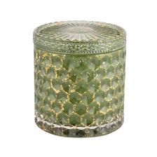 China Custom mark green glass shinning glass candlestick home decoration candle jar with lids manufacturer