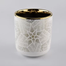China electroplated ceramic candle holder, white ceramic candle jar with shiny gold pattern manufacturer