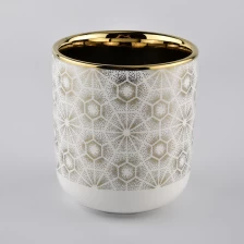 China ceramic candle holder with round bottom, white ceramic candle jar gold prints manufacturer