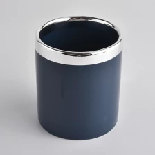 China dark blue ceramic candle holder with shiny silver rim, cylinder ceramic candle containers manufacturer
