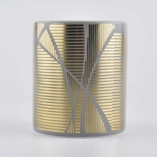 China cylinder ceramic candle vessels with shiny gold stripes, unique ceramic candle holders manufacturer