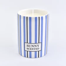 China blue ceramic candle jar with stripes, candle holder with custom logo manufacturer