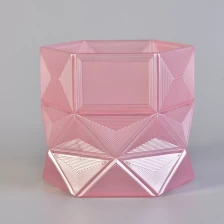 China hexagon shaped glass candle holder, pink glass vessel for candle making manufacturer