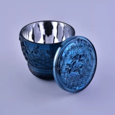 China Bee design luxury blue decorative Glass candle jar holders with lid manufacturer