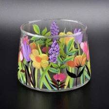 China clear glass candle vessel with flower patterns, bell shaped glass jar with hand painting manufacturer