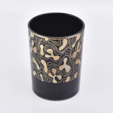 China unique glass candle jar with shiny gold pattern,empty glass vessel for candle making manufacturer