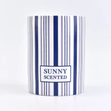 China wholesale candle jars with stripes decal, empty ceramic candle holder manufacturer