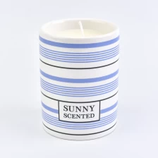 China blue and white lines ceramic candle vessel, simple ceramic candle holder manufacturer
