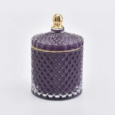 China 8 oz  purple glass candle jar with lid, diamond glass candle vessel manufacturer