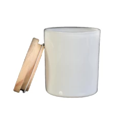 China white glass candle vessel with wooden lid,  popular cylinder candle container in bulk manufacturer