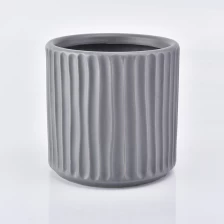 China Grey glazed ceramic vessel with stripes, embossed 16 oz ceramic candle jar manufacturer