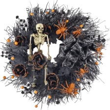 Chiny Senmasine 24-calowy Halloweenowy szkielet wianek z brokatowym pająkiem Sztuczne kwiaty róży Czarna kokardka Pomarańczowe jagody producent