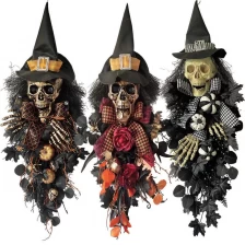 Chiny Senmasine 32*13 cali wieniec Halloween Swag z upiorną straszną głową szkieletu ręka kapelusz czarownicy kokarda dynia producent
