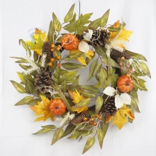 China Senmasine 24 inch autumn pumpkin wreath with pinecone artificial maple leaves orange berries fall harvest decor manufacturer