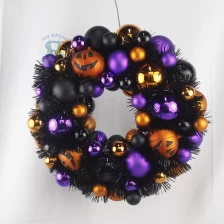 China Senmasine 33cm Halloween balls wreath with tinsel orange pumpkin baubles purple black ornaments party hanging decor manufacturer