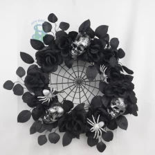 China Senmasine 24Inch Halloween Door Wreaths with Black Leaf artificial flowers Rose Ghost Head Spider party decor manufacturer