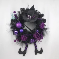 China Senmasine 24Inch Halloween Wreaths with Leg black pine needle hat glitter broom branch pumpkin party decor manufacturer