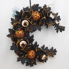 China Senmasine 20Inch halloween front door wreath with black artificial leaf rose pumpkin eyes pattern ball Moon shape wreaths manufacturer