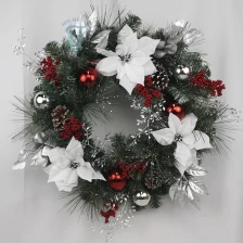 China Senmasine 24inch Christmas wreath with red berries white poinsettia pinecones sliver leaf pvc mixed pine needle branch manufacturer