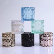 China Iridescent geo-cut glass candle jars with lids for wholesale manufacturer