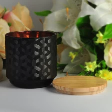 China 10oz 12oz 14oz 16oz Wholesales laser black glass candle holder with wooden lid manufacturer