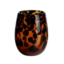 China Handcraft 450ml 12oz leopard amber and black fritted Confetti round glass candle jar manufacturer