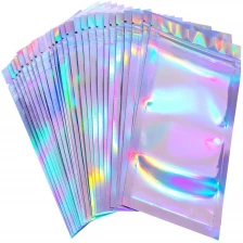 China Custom Product Picture Resealable Smell Proof Holographic Rainbow Color Zipper Lock Plastic Packing Foil Bags manufacturer