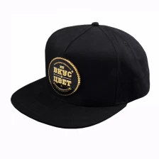 China 5 panels metal plate flat brim black snapback caps manufacturer