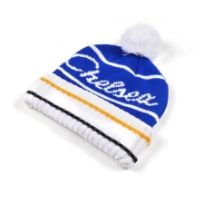 China Striped Cuffed Knit Beanie Winter Hat with Pom manufacturer