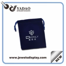 China Handmade thick dark blue jewelry gift bags ,jewelry packing bags ,velvet jewelry bags with silver hot stamping with custom logo and samples manufacturer