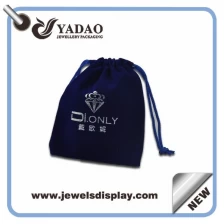 China High quality Dark blue Jewelry velvet pouch bags with blue cord for jewelry packing manufacturer