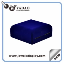 China Luxury blue custom jewelry gift boxes with gold hot stamping logo and soft touch velvet insert packing box manufacturer