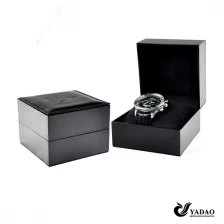 China Luxury custom logo black leatherette paper watch packaging box with pillow inside manufacturer