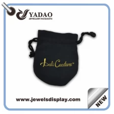 China Most popular soft suede jewelry pouch bag with gold stamped logo and black cord manufacturer