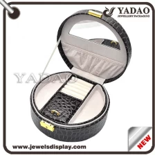 China Round black lining leather antique mirror locking jewelry leather plastic box with handle manufacturer