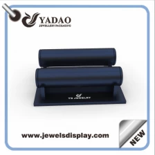 China Wholesale custom logo MDF wrapped with blue PU leather bangle displays for shop window and counter exhibitor bracelet showcase holder manufacturer