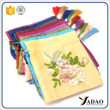 China Wholesale retro chinese style colorful custom small satin pouch with drawstrings for jewelry packaging manufacturer
