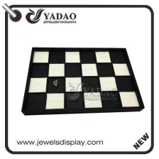 China charming chess design wooden jewelry display ring tray pu leather black&white combination ring display tray manufacturer