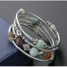 Çin Beaded Pearl Bangle Wrap Bracelet ,Fashion Bohemian Jewelry Multilayer Charm Bracelet with Thick Silver Metal Beads üretici firma