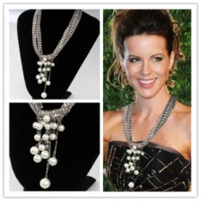 Çin Guangzhou market fashion jewelry white gold plated  metal brass chain link charm pearl tassel necklace üretici firma