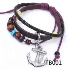 China mens wrap leather wood bead anchor sailor bracelet TB001 manufacturer