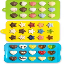 porcelana No Stick BPA libre corazones flexibles, estrellas y conchas molde de silicona de chocolate de forma, moldes de caramelo fabricante
