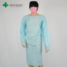 China Kunststoff blau CPE Isolation Kleid Hersteller, CPE diposable Kunststoff OP-Kittel, wasserdicht CPE Isolation Kleider Hersteller