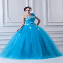 China Blauwe applicaties ruches een schouder baljurk goedkope prom jurk 2019 fabrikant
