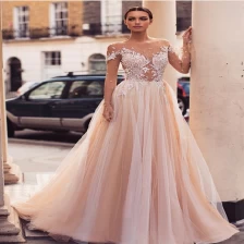China Elegant Vestido De Lace Champagne Long Sleeve Illusion Wedding Dress A Line Bridal Gowns 2019 manufacturer