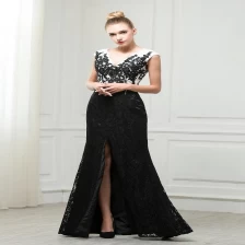 China ZZ bridal 2017 V-neck and V-back lace appliqued black evening dress manufacturer