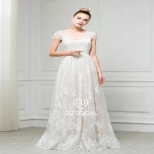 China ZZ bridal 2017 V-neck cap sleeve lace appliqued A-line wedding dress manufacturer